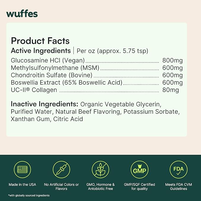 Wuffes Advanced Joint Liquid for Dogs Hip &amp Joint Support Supplement with Glucosamine Chondroitin UC-II® Collagen and MSM for Small &amp Large Breeds 16 Oz
