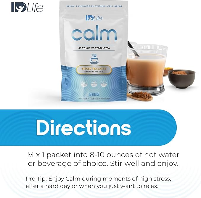 IDLife Calm - Cognitive Support Powder with Adaptogenic Blend for Concentration and Emotional Well-Being - 15-Day Supply 15 Sticks per Bag