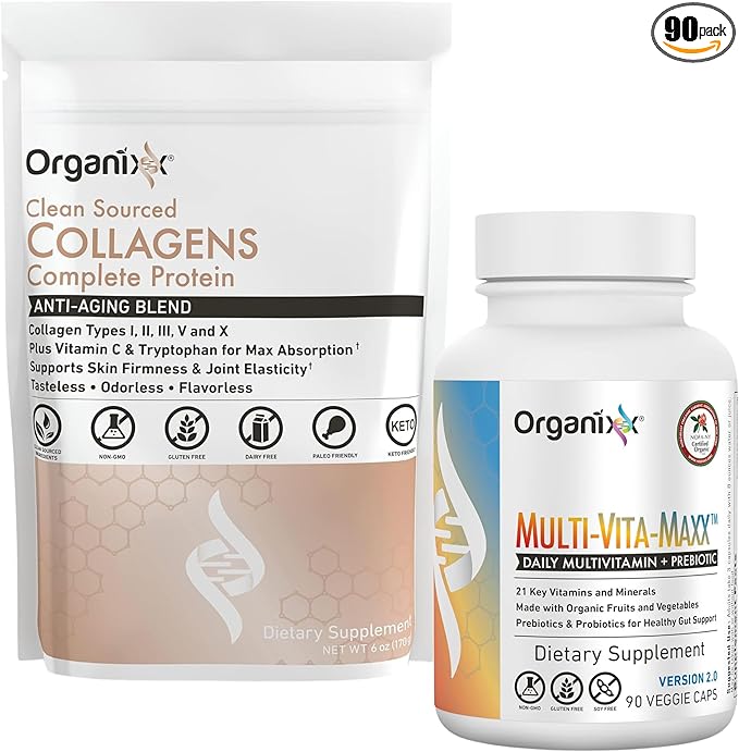 Organixx Clean Sourced Collagens (20 Serv) &amp Multi-Vita-Maxx (90 Caps) Bundle Protein w/Vitamin C &amp Zinc Plus USDA Organic Whole Food Multivitamin Supports Hair Joints &amp Daily Energy G