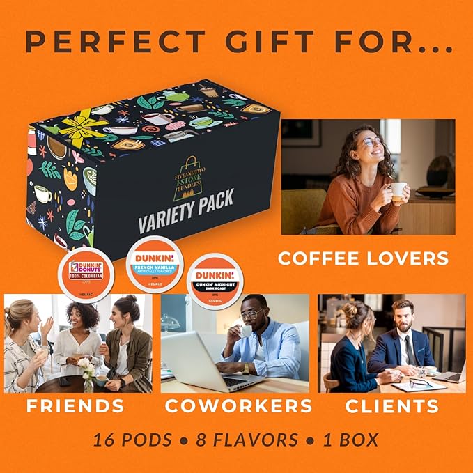 Dunkin K Pods Variety Pack – Original 100% Colombian Midnight Dark Roast Turtle Love Caramel Me Crazy Candy’d Almond French Vanilla Hazelnut – 16pcs 8 Flavors Coffee Gift Box Keurig Compatible