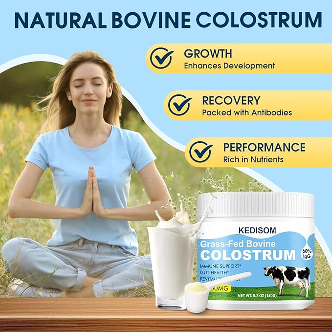 Grass-Fed Bovine Colostrum Supplement Powder - 60% High IgG 3000 mg for Gut Health Immune Support - Easy to Mix Natural Liposomal Colostrum Superfood Unflavored 50 Servings