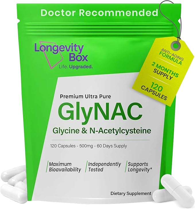 Ultra Pure GlyNAC Supplement 1000mg (500mg Glycine + 500mg N-Acetyl Cysteine) - Glutathione Precursor for Healthy Aging Energy &amp Cellular Protection - 120 Vegan Capsules