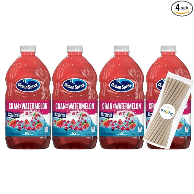 Ocean Spray Cran Watermelon Fruit Juice Drink 64 fl oz Plastic Bottle 4 Pack + 15 Sugarcane Disposable Straws by KOOL8SHOP Infinite Deals