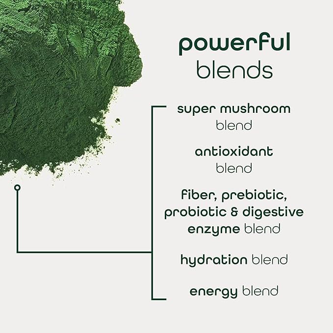 Zena Nutrition Organic Super Greens Energy &amp Hydration Powder 70+ Superfoods 0 Sugar 5G Fiber Spirulina Chlorella Prebiotics/Probiotics Natural Caffeine + Electrolytes 40 Drink Mix Packets