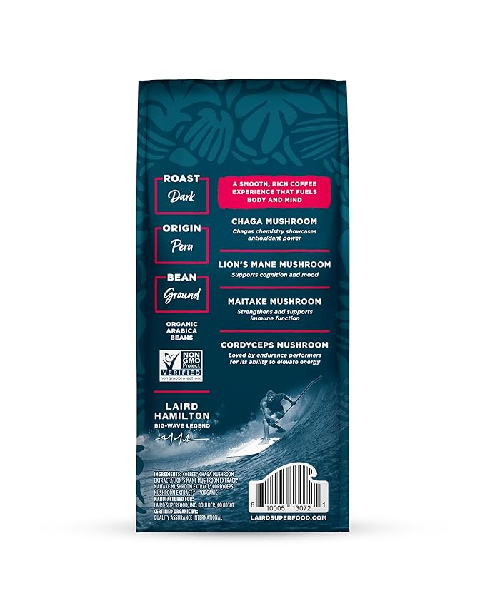 Laird Superfood Peruvian Dark Roast Coffee with Functional Mushrooms Certified Organic Peruvian Ground Coffee Beans Gluten-Free Dairy-Free Non-GMO Paleo Keto Friendly 12 oz. Bag (Pack of 2)