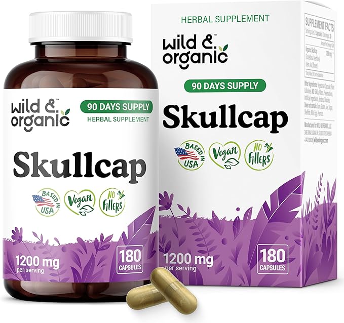 Wild &amp Organic Skullcap Herb Capsules 1200 mg - Calming Skullcap Supplement - 180 Capsules - Scutellaria Lateriflora Leaf Extract - 3-Month Supply - Vegan No Fillers Non-GMO