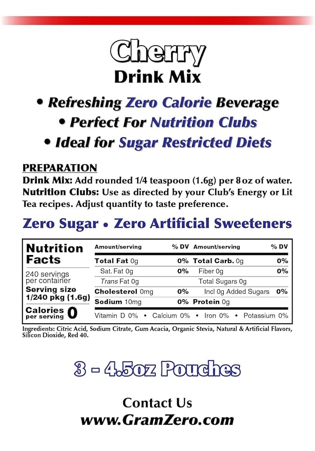 GramZero Cherry Zero Calorie Sugar Free Drink Mix Great For Nutrition Club Loaded Teas Stevia Sweetened