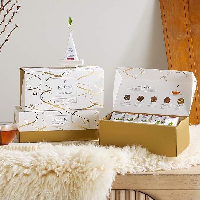 Tea Forte Premium Presentation Box Gift Set Sampler 20 Count Assorted Blends Individually Wrapped Handcrafted Pyramid Infuser Bags Winter Chalet