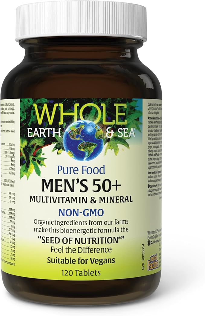 Natural Factors Whole Earth &amp Sea Men's 50+ Multivitamin &amp Mineral - Daily Nutritional Support Multivitamin - Supports Brain Health &amp Immune System Function - Vegan - 120 Tablets (60 Servi
