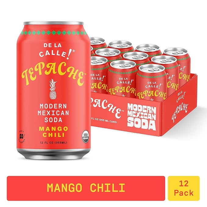 De La Calle Tepache - Mango Chili - Modern Mexican Soda - Craft Fermented Pineapple Sparkling Beverage - Certified Organic Antioxidant Rich Non-Alcoholic Healthy Soda Low Sugar Low Calorie Non-G