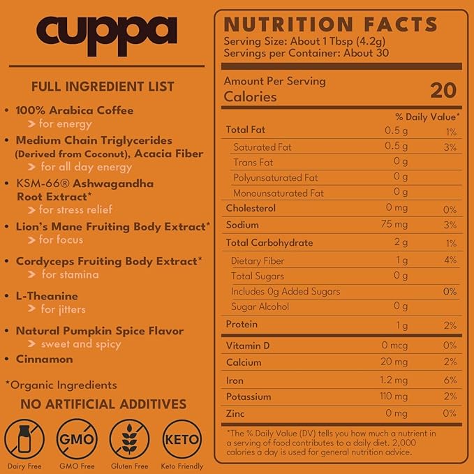 Cuppa Pumpkin Spice Mushroom Coffee with Adaptogens &amp Superfoods - Lion’s Mane Ashwagandha &amp Cordyceps. Adaptogens + MCT to support natural energy mental focus &amp gut health (30 Servings)