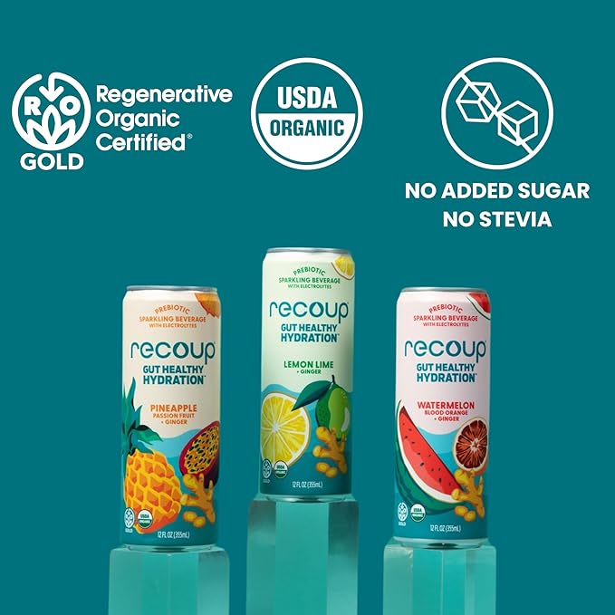 Recoup Organic Sparkling Prebiotic Drink - Ginger with Electrolytes for Gut Health Support &amp Hydration No Added Sugar ((Pack of 12) Lemon Lime + Ginger)