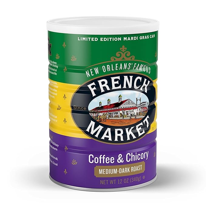 French Market Coffee &amp Chicory Medium-Dark Roast Ground Coffee 12oz Limited Edition Mardi Gras Can (Pack of 3)