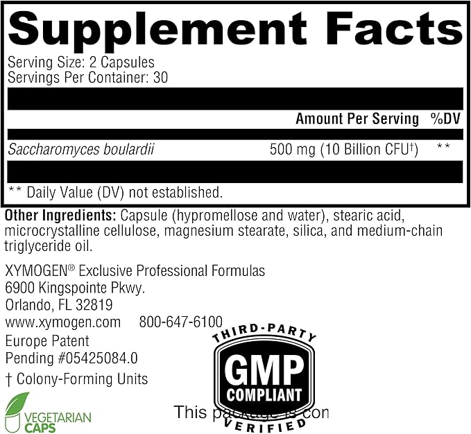XYMOGEN Saccharomycin 10B - Stomach Acid-Resistant DNA-Verified Saccharomyces boulardii - Dairy Free Yeast Probiotics for Gut Support &amp Immune Health - Formerly Saccharomycin DF (60 Capsules)