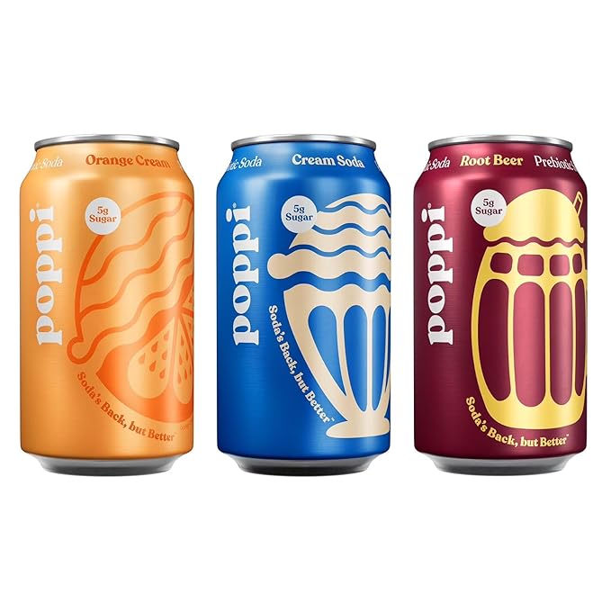 Poppis Prebiotic Soda Cream Variety Pack (15 Pack) - 12 fl oz Cans - Low Sugar Low Calorie Sparkling Juice - Root Beer Orange Cream &amp Cream Soda