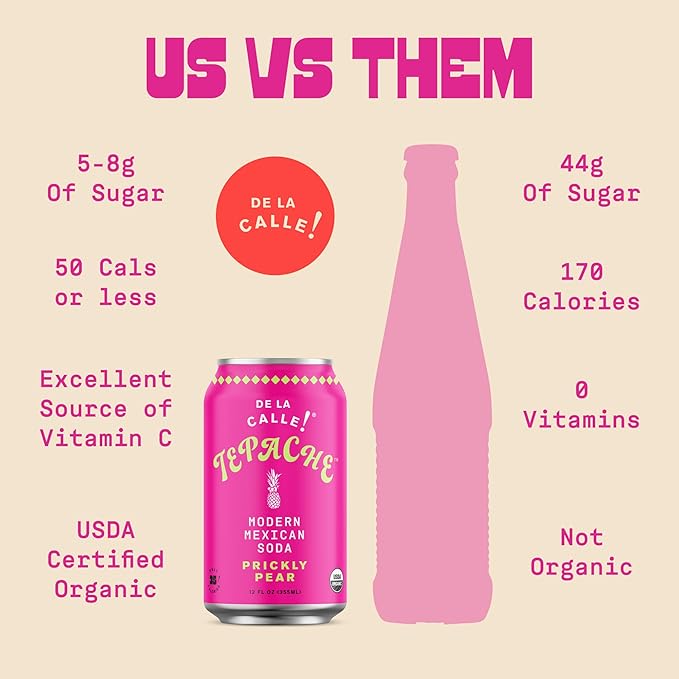 De La Calle Tepache - Cactus Prickly Pear - Modern Mexican Soda - Craft Fermented Pineapple Sparkling Beverage - Certified Organic Antioxidant Rich Non-Alcoholic Healthy Soda Low Sugar Low Calori