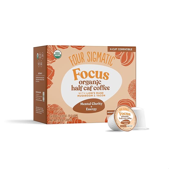 Four Sigmatic Focus Organic Half Caf Coffee Pods 24 Count – Medium Roast Arabica with Lion’s Mane Mushroom Half Caffeine K-Cup® Compatible Pods for Mental Focus &amp Smooth Energy