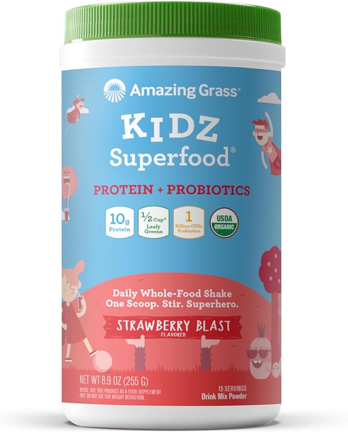 Amazing Grass Kidz Superfood: Vegan Protein &amp Probiotics for Kids with Beet Root Powder &amp 1/2 Cup of Leafy Greens Strawberry Blast 15 Servings