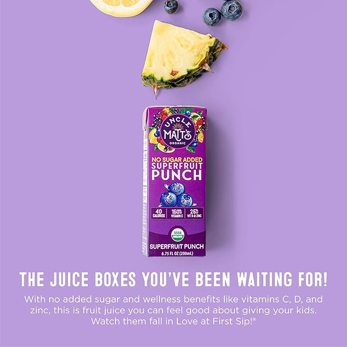 Uncle Matt’s Organic Juice Boxes – 32 pack No Added Cane Sugar Superfruit Punch USDA Organic Only 40 Calories with Vitamin C D &amp Zinc Kid-Friendly Juice Drinks