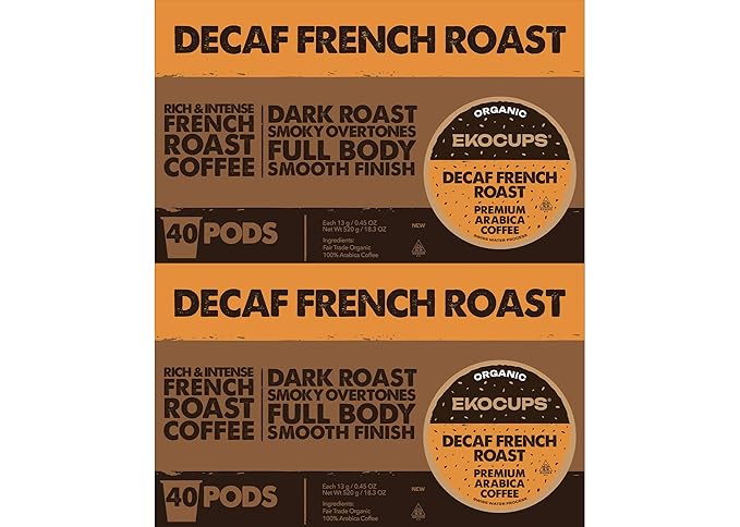 EKOCUPS Organic Swiss Water Decaf French Roast Coffee Pods Extra 30% More Coffee Per Cup Artisan Fair Trade Dark Roast Decaf French Roast for Keurig K Cup Machines Recyclable Pods 80 Count