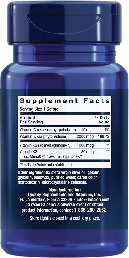 Life Extension Super K Vitamin K Supplement 2000 Mcg Vitamin K and 1180 Mcg Vitamin K2 Heart Health Once-Daily 90 Softgels