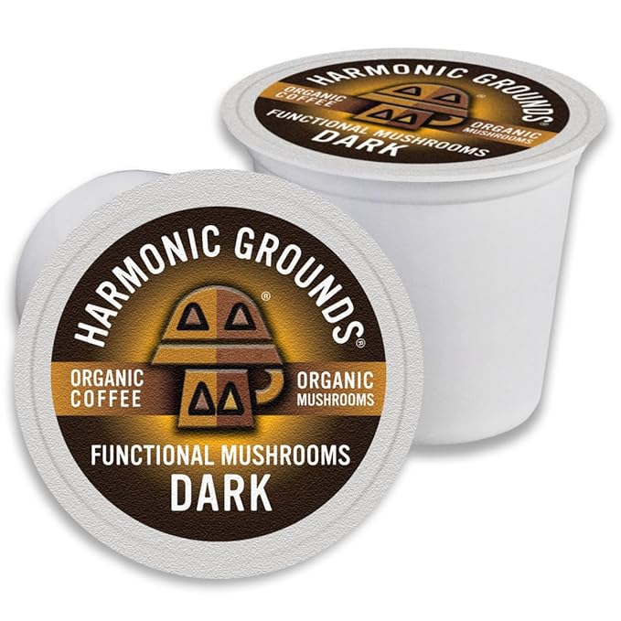 Harmonic Grounds Organic Mushroom Coffee Pods - Dark Roast Coffee with Lion's Mane Reishi Chaga Cordyceps &amp Turkey Tail - Compatible with Keurig K-Cup Brewers - 34 Count