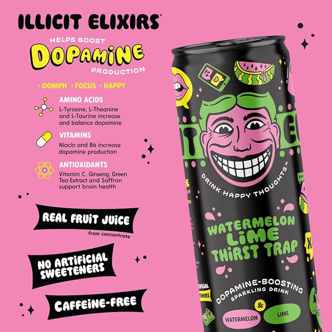 Illicit Elixirs - Sparkling Juice Mocktails with Real Fruit Juices and Functional Amino Acid Blend that Supports Dopamine Production - Non-Alcoholic &amp Caffeine Free (12 Pack Watermelon Thirst Tra