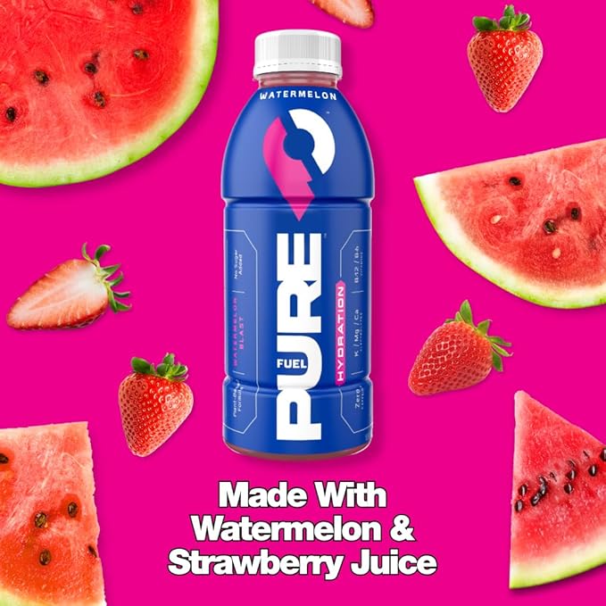 Pure Fuel Hydration Drinks Watermelon Blast - Plant-Based Healthy Electrolyte Drinks with B-Vitamins - No Added Sugar - 12 Pack x 16.9 fl oz Bottles