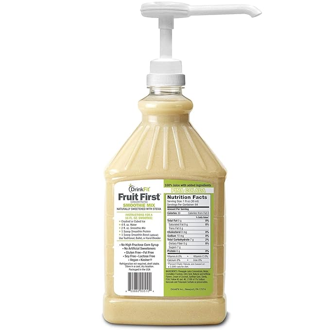 DrinkFit Fruit Smoothie | Real Fruit Puree Low Sugar Gluten:Free &amp Non:GMO Pina colada Smoothie Mix : Makes 32 Smoothies 64 Fl Oz with Dispensing Pump (Pina Colada)