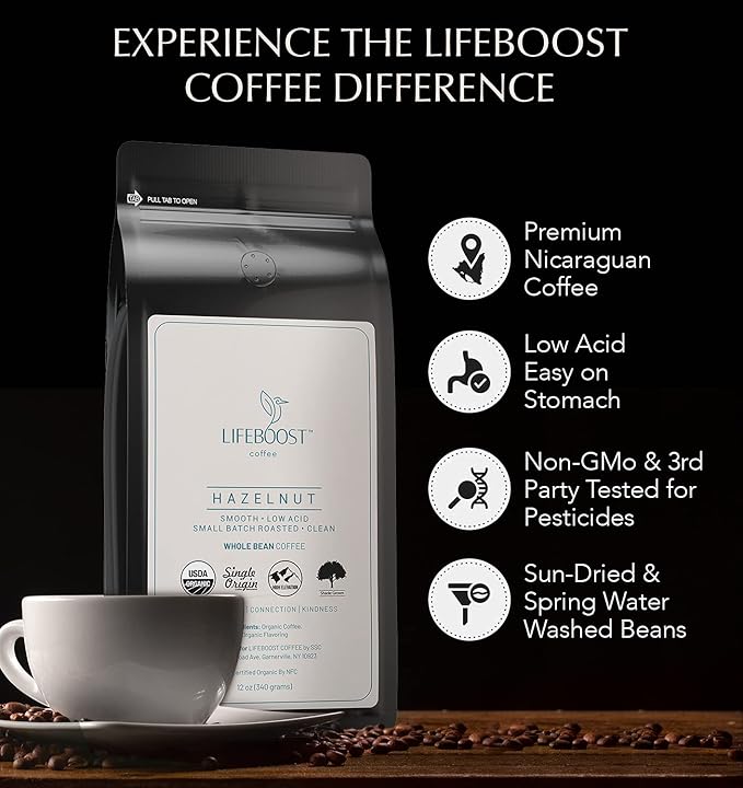Lifeboost Hazelnut Whole Bean Coffee – Organic Low Acid Non-GMO Hazelnut Flavored Coffee – Single Origin Mold-Free Mycotoxin Tested 12 oz