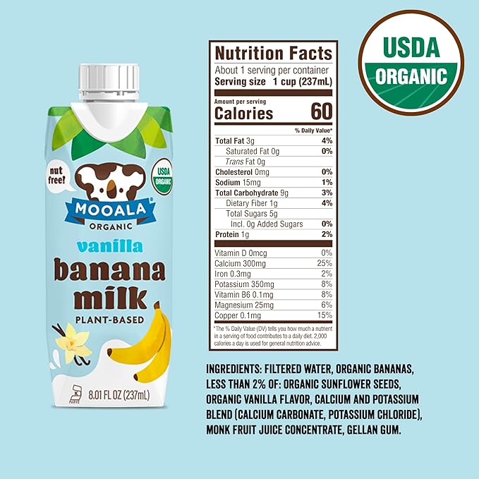 Mooala - Organic Vanilla Bananamilk Lunchbox Friendly Shelf-Stable Non-Dairy Nut-Free Plant-Based Beverage On the Go 12 Pack