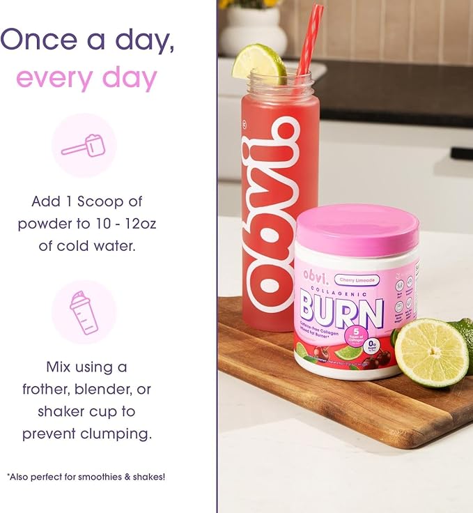 Obvi Collagenic Burn Powder | Collagen Peptide Blend with GBB Ashwagandha &amp Green Coffee | Boosts Metabolism Energy and Wellness | Supports Skin Hair Nails Joints | Cherry Limeade 25 Serving