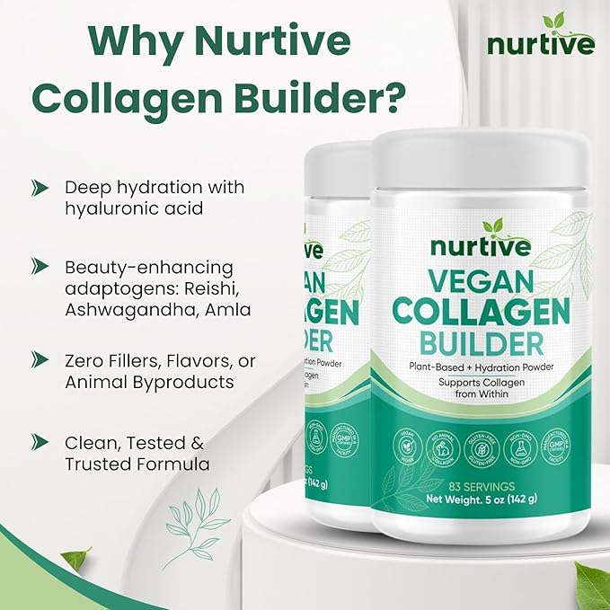 Vegan Collagen Builder Powder - 83 Servings - Gluten-Free Plant-Based Collagen Support with Hyaluronic Acid Amla Reishi Ashwagandha - Skin Hydration Hair &amp Nail Strength (5oz/142g)