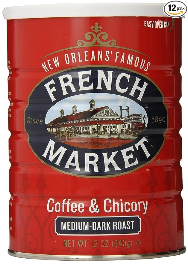 French Market Coffee &amp Chicory Medium-Dark Roast Ground Coffee 12oz Can (Pack of 12)