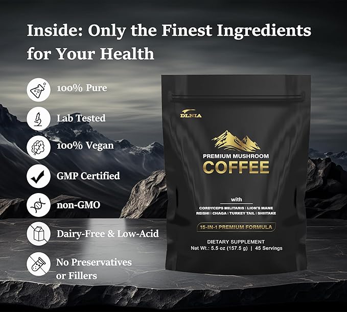 DLNIA Instant Organic Mushroom Coffee with 12 Adaptogenic Mushrooms Arabica Beans Coconut Milk &amp MCT Oil | Cordyceps Lion’s Mane &amp Turkey Tail Instant Coffee for Better Energy Focus Diges