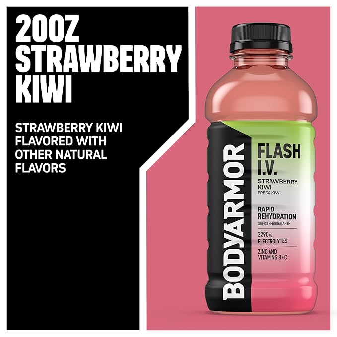 BODYARMOR Flash I.V. Electrolyte Beverage Strawberry Kiwi Hydration Drink with Coconut Water For Rapid Rehydration Post Workout Recovery 20 Fl Oz (Pack of 12)