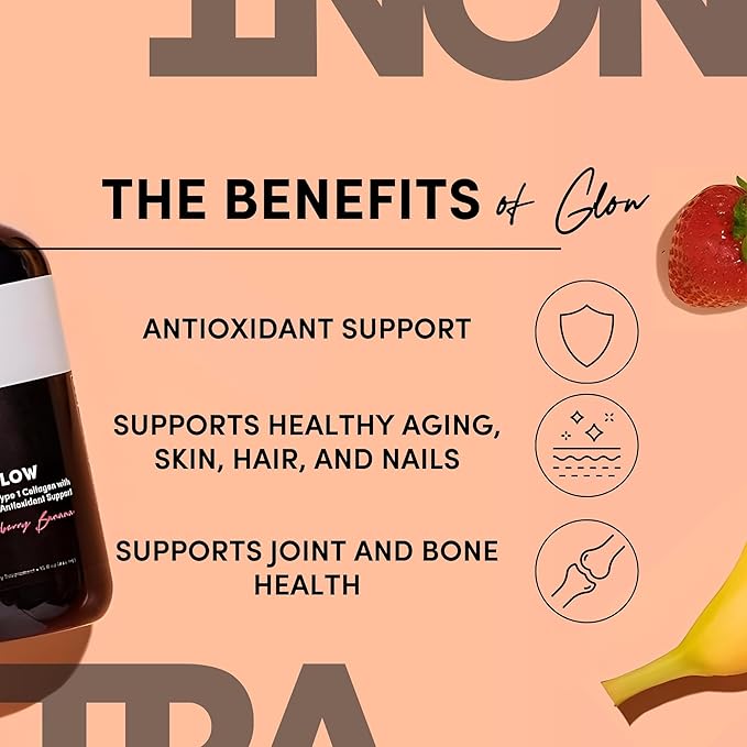 Tranont Glow Liquid Collagen for Women | Multi Collagen Peptides with Hyaluronic Acid &amp Biotin | Hair Skin &amp Nail Support | Hydrolyzed Collagen Shot | Strawberry Banana | 15 fl oz