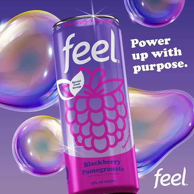 FEEL Zero Sugar Natural Energy Drink – Blackberry Pomegranate 140mg Plant-Based Caffeine with L-Theanine for Focus Vitamin C for Immunity Vegan Non-GMO No Artificial Sweeteners 12 Fl Oz Cans (12