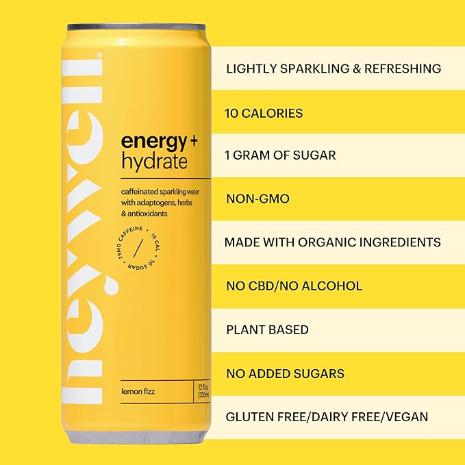 Heywell Sparkling Adaptogenic Water Energy and Focus Lemon Fizz Flavor 12 Fluid Ounce (Pack of 12) - Caffeinated Organic Non GMO Vegan Gluten Free Dairy Free
