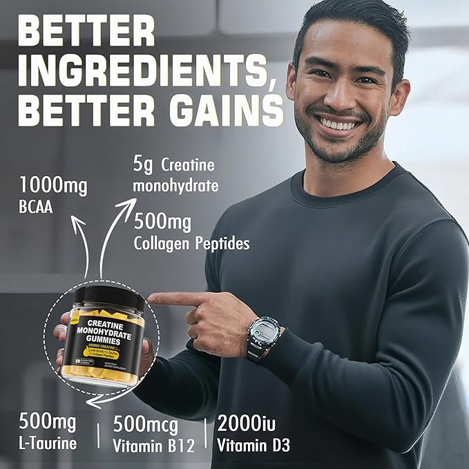 Creatine Monohydrate Gummies for Men &amp Women - with BCAA Collagen Peptides L-Taurine Vitamin B12 D3 Chewables Creatine Monohydrate 5g Per Serving Natural Lemon Flavor Sugar Free 2 Pack