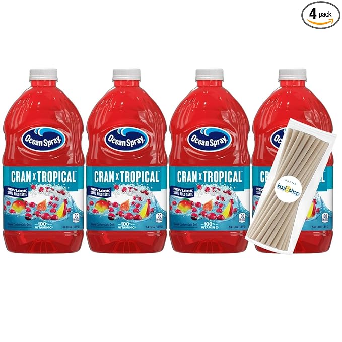 Ocean Spray Cran Tropical Fruit Juice Drink 64 fl oz Plastic Bottle 4 Pack + 15 Sugarcane Disposable Straws by KOOL8SHOP Infinite Deals
