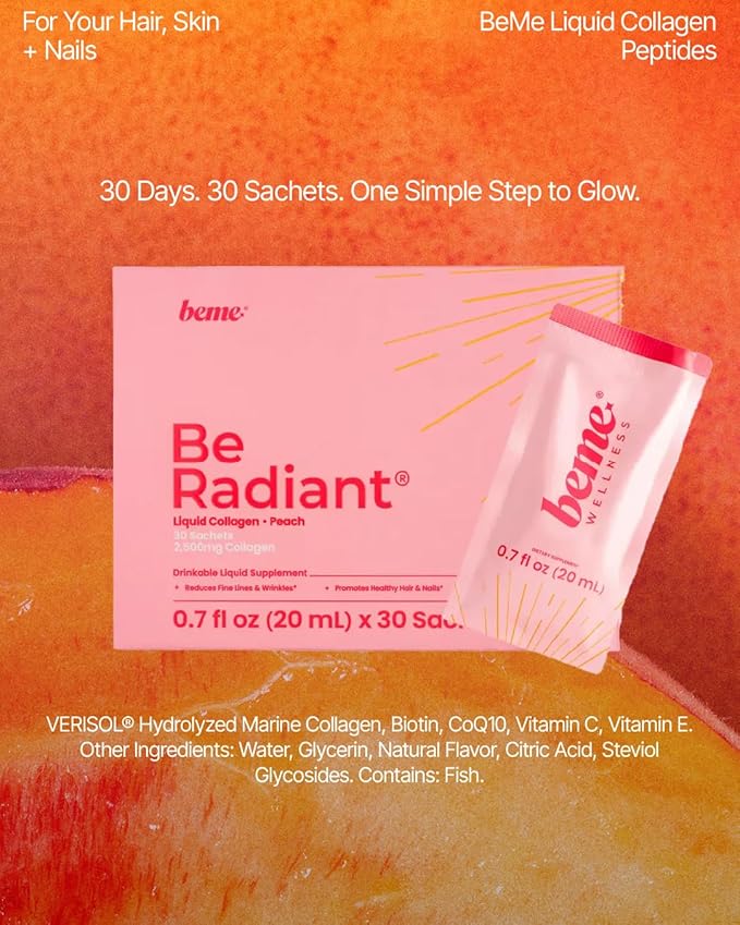 BeMe Liquid Collagen for Women - 2500mg Verisol Collagen Liquid with Biotin CoQ10 &amp Vitamin C - Clinically Proven Collagen Peptides for Hair Skin &amp Nails - 15 Peach Sachets