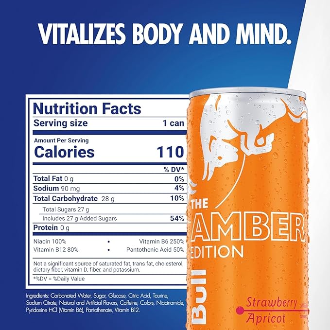 Red Bull Amber Edition Energy Drink Strawberry Apricot with 80mg Caffeine plus Taurine &amp B Vitamins 8.4 Fl Oz Pack of 12 Cans