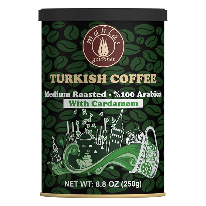 Mahlas Gourmet Turkish Coffee With Cardamom - Premium Quality Freshly &amp Finely Ground 100% Arabica Coffee Beans