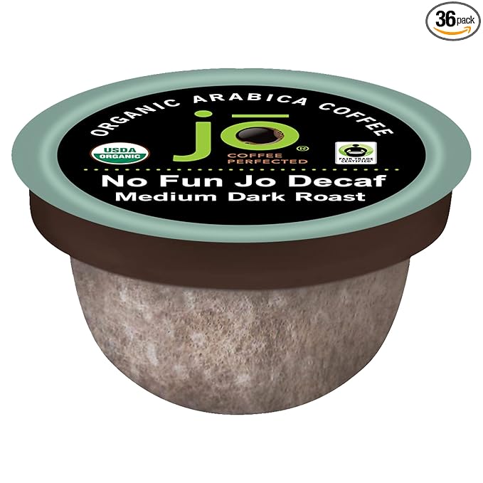 No Fun Jo Decaf: 36 Organic Compostable Pods for Keurig K-Cup Compatible Brewers Swiss Water Process Eco-Friendly Single Serve Coffee Medium/Dark Roast Fair Trade Chemical Free by Jo Coffee®