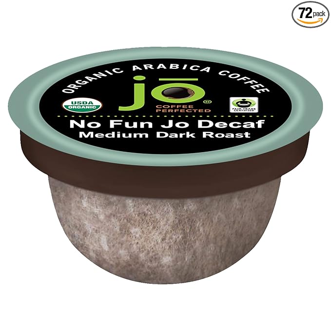 No Fun Jo Decaf: 72 Organic Compostable Pods for Keurig K-Cup Compatible Brewers Swiss Water Process Eco-Friendly Single Serve Coffee Medium/Dark Roast Fair Trade Chemical Free Jo Coffee®