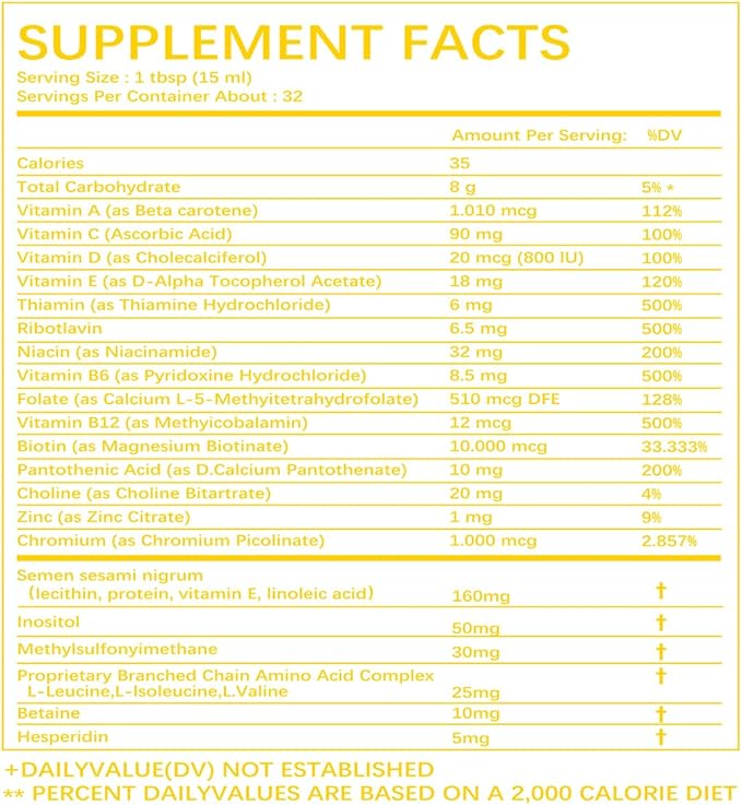 Complete Liquid Multivitamin + Hair Growth Promotes Energy Metabolism&amp Skin and Hair Function| Vitamin C D | B Vitamins | Help to Thicker Hair Wrinkles Fine Lines Skin Care (16.23OZ)