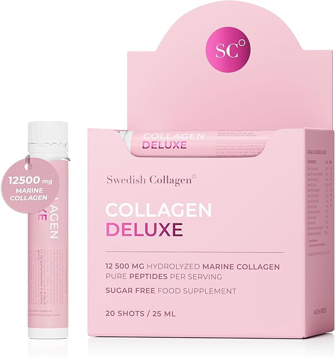 Swedish Collagen Deluxe | 12500 mg Hydrolyzed Marine Collagen Liquid Supplement - 20 x 25 ml Daily Shots | Hyaluronic Acid Biotin and Vitamin C for Healthy Hair Skin Nails and Joints | Sugar-Free