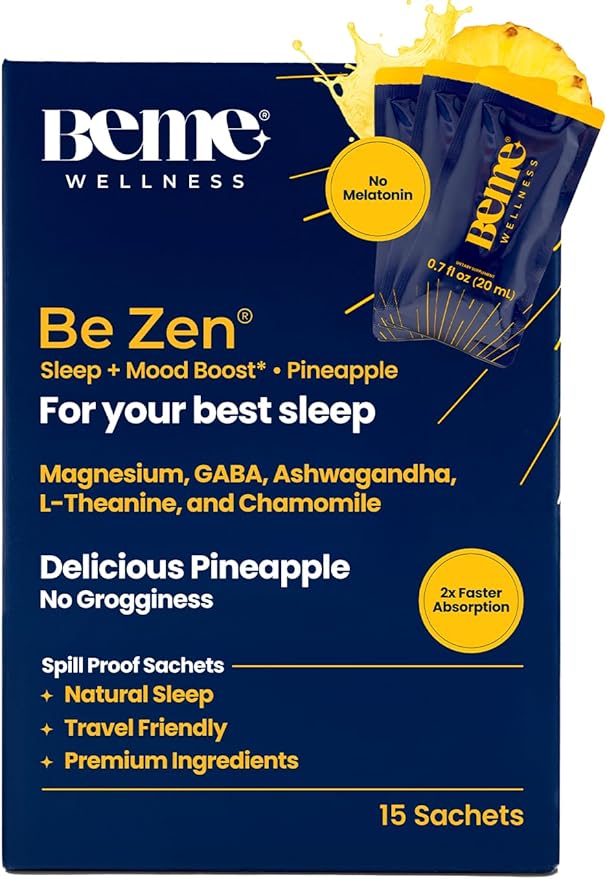 BeMe Magnesium Drink for Sleep - Melatonin-Free Magnesium for Sleep with Ashwagandha L-Theanine &amp GABA - Fast-Absorbing Calm Pineapple - 15 Sachets