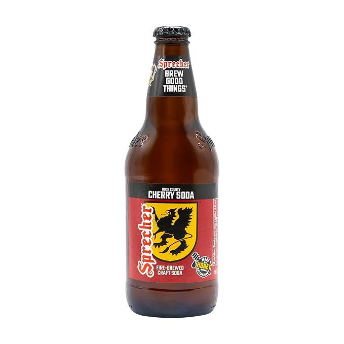 Sprecher Door County Cherry Soda in 16 fl oz Glass Bottles (12 Pack) Fire-Brewed Craft Soda Made with Real Honey and Door County Cherry Juice Caffeine-Free Cherry Soft Drink